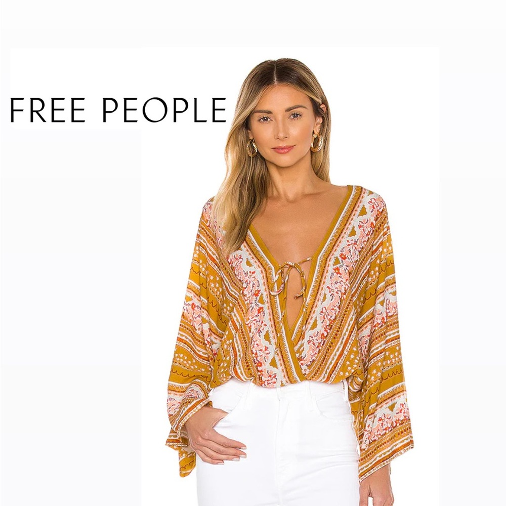 Free People Mustard Floral Tie-Front Blouse
